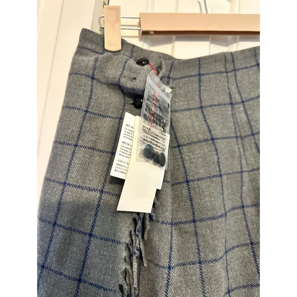 Uniqlo Ines‎ De La Fressange Skirt Plaid Grey Fringe Windowpane Size 2 NWT